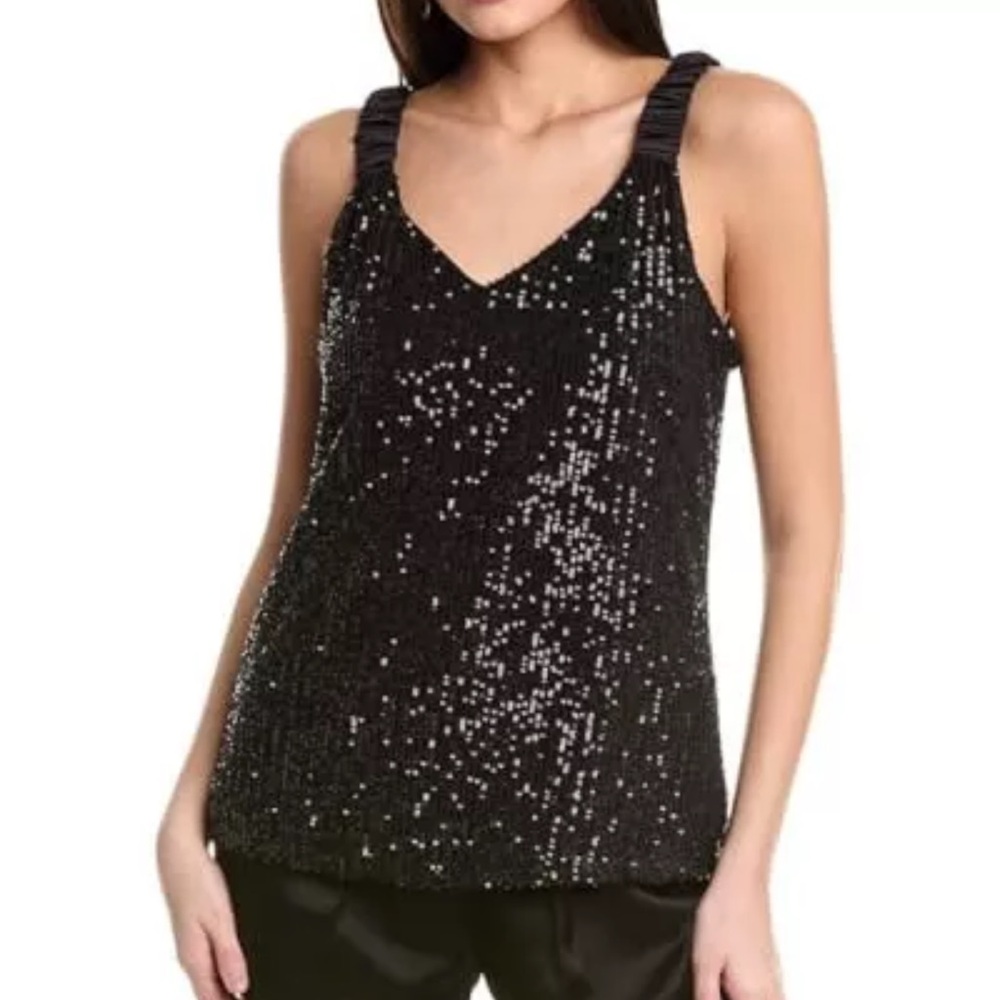 VINCE CAMUTO SEQUINED TANK TOP WITH RUCHED SHOULDER DETAIL BLACK SIZE LARGE